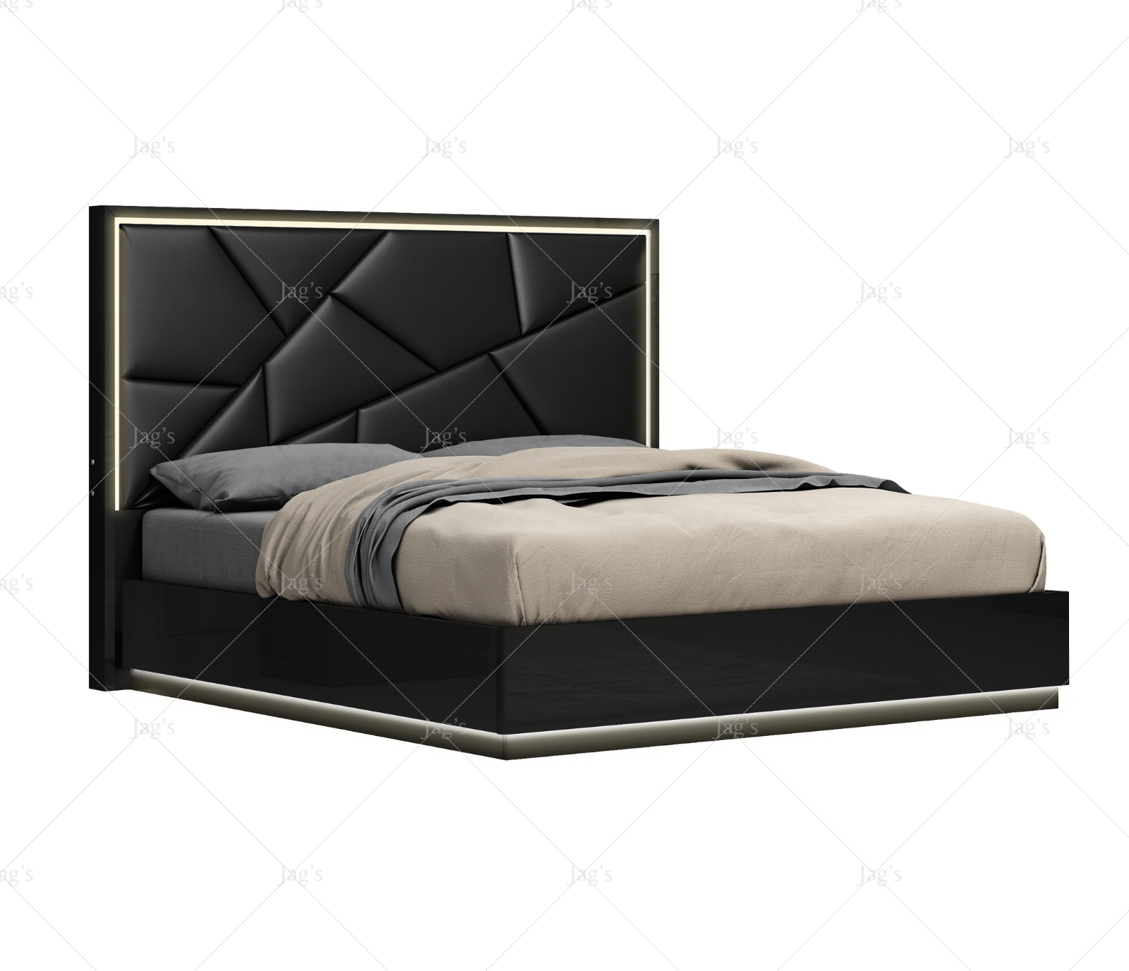 Pluto Upholstered Bed w/ LED Lights & Lift Storage - Jet Black