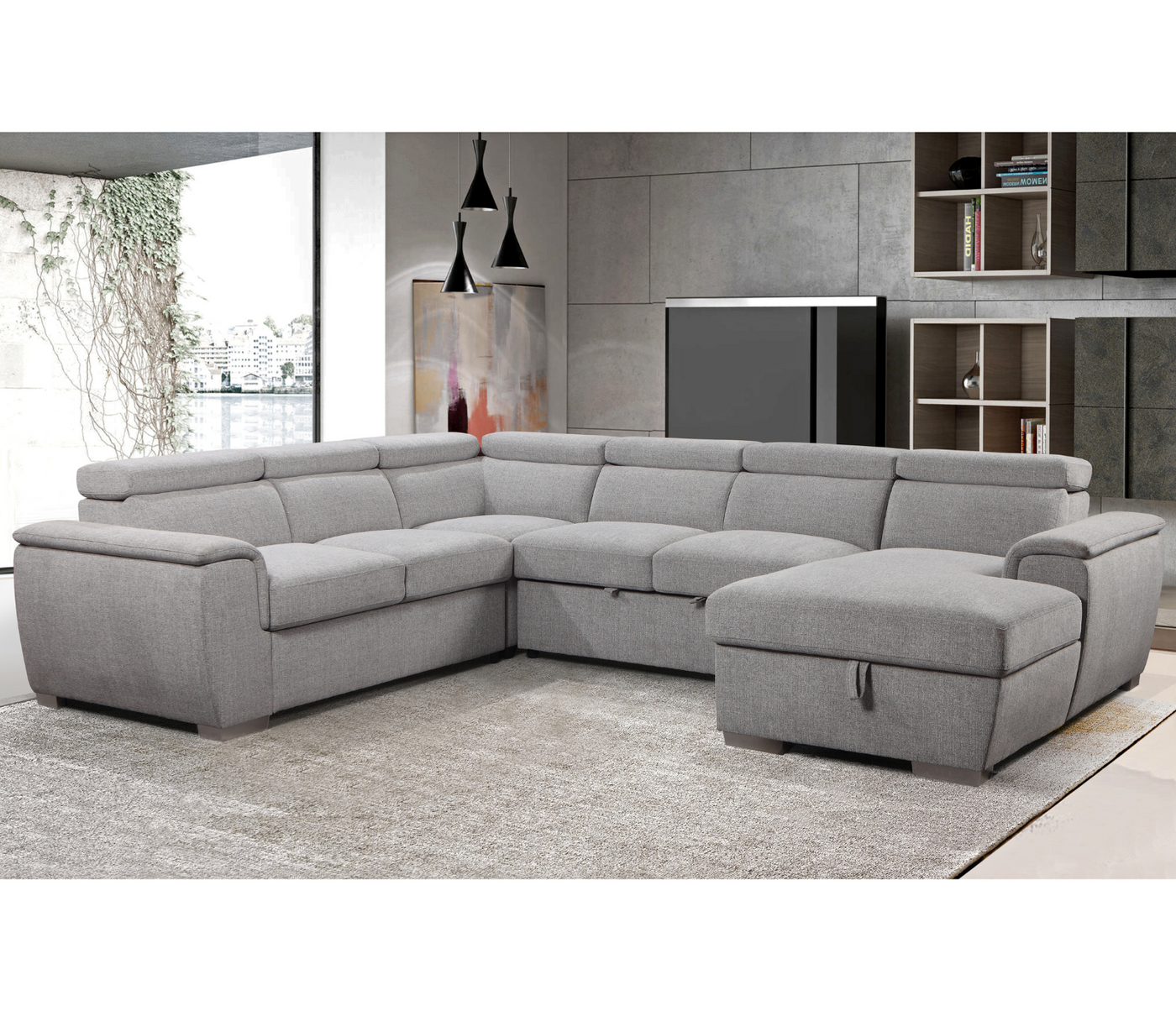 Eddie 4 Piece Sectional w Pull Out Sleeper Light Grey Fabric