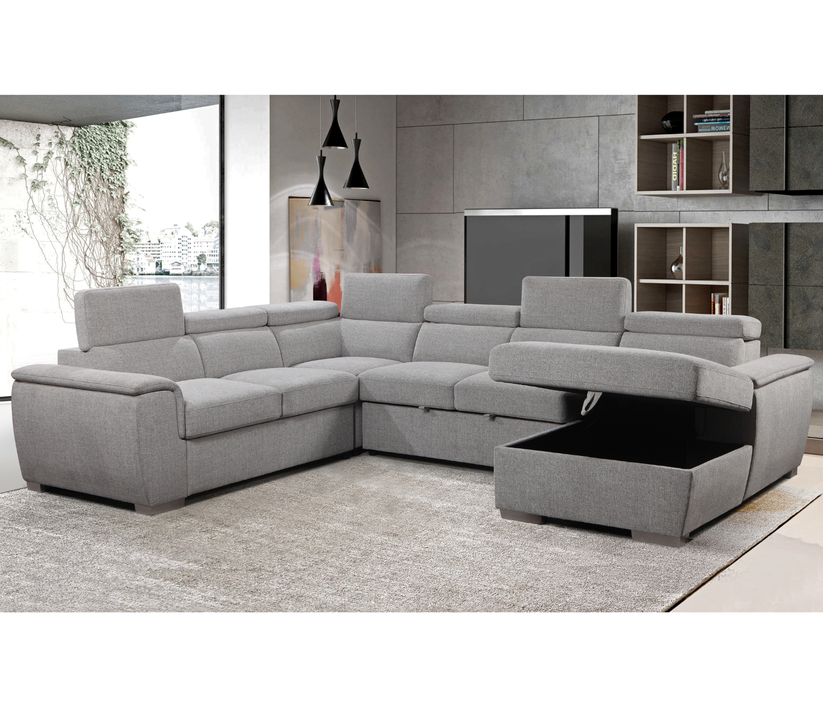 Eddie 4 Piece Sectional w/ Pull-Out Sleeper - Light Grey Fabric