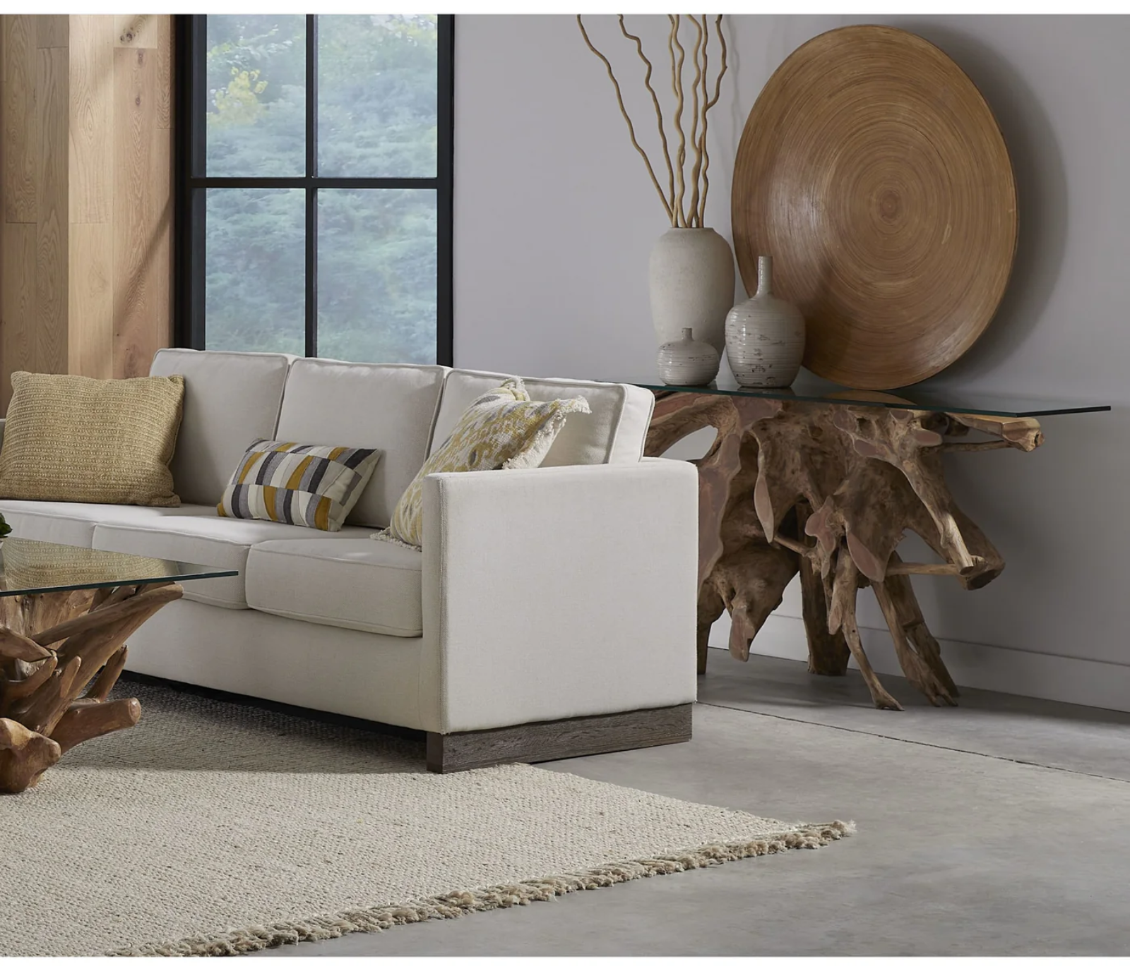 One Teak Root Glass Top Console Table