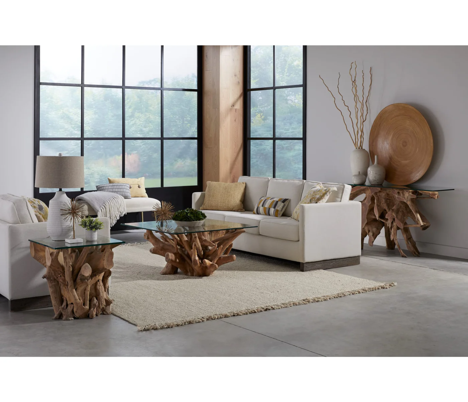 One Teak Root Glass Top Console Table