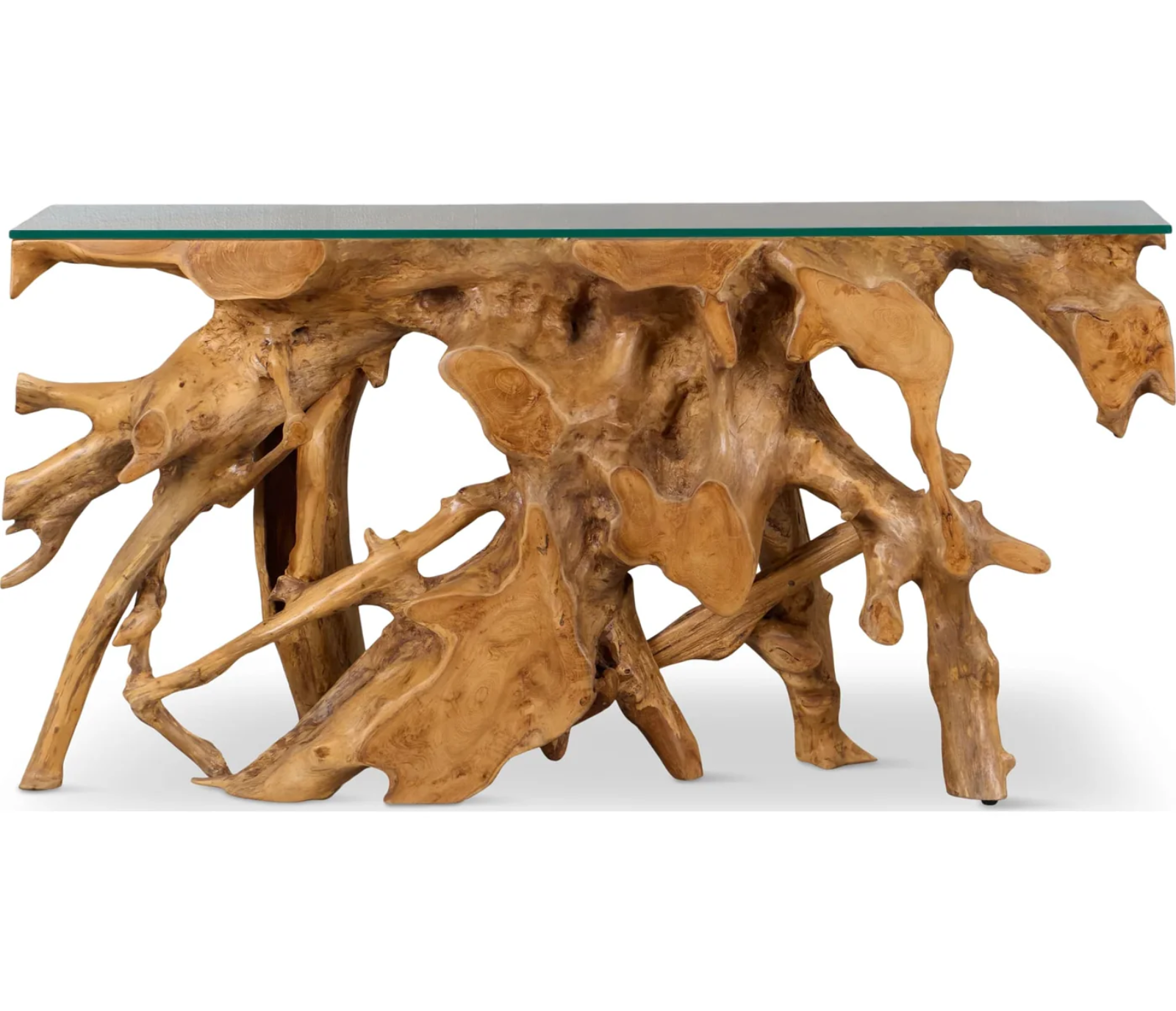 One Teak Root Glass Top Console Table
