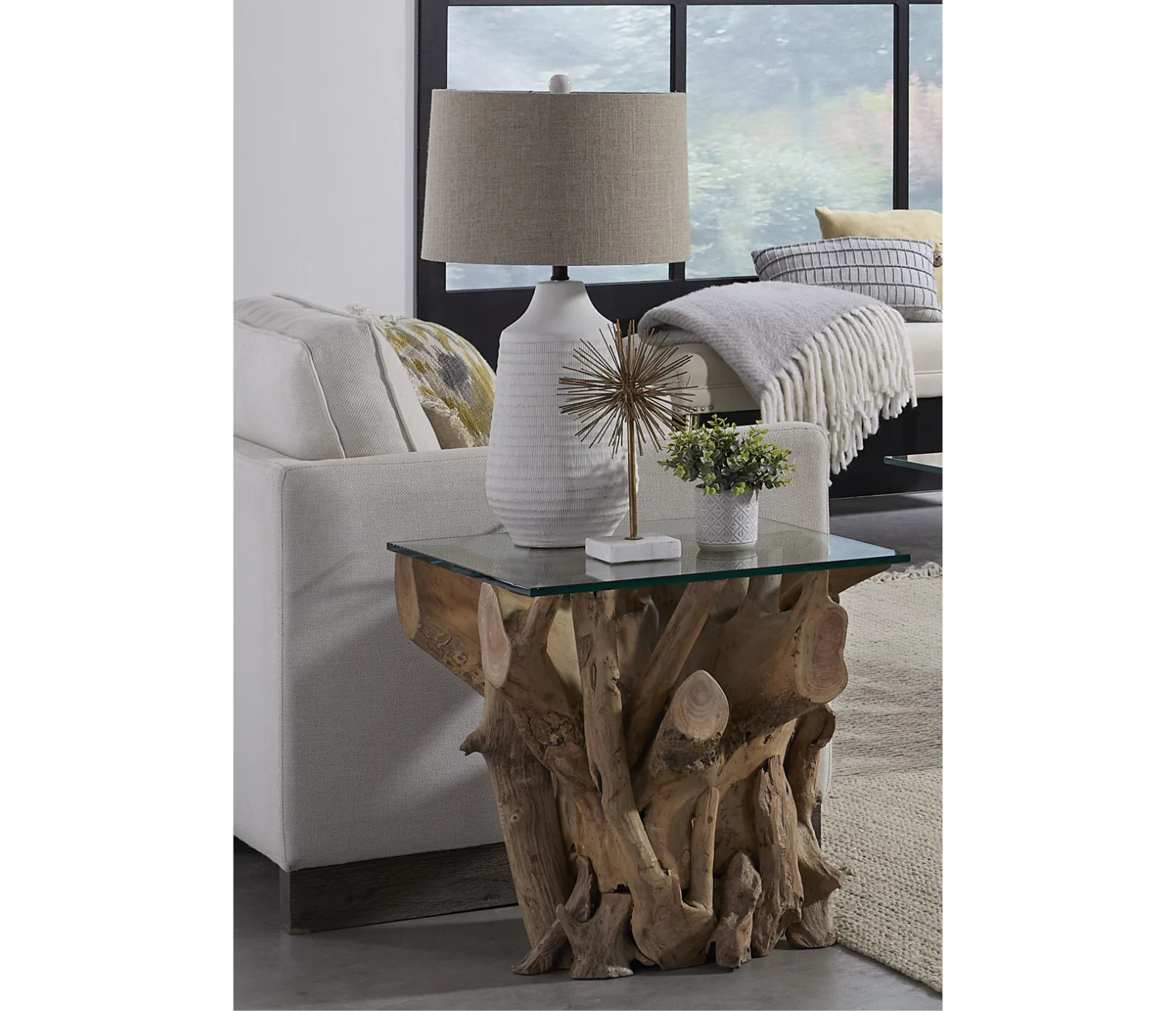 One Teak Root Glass Top End Table