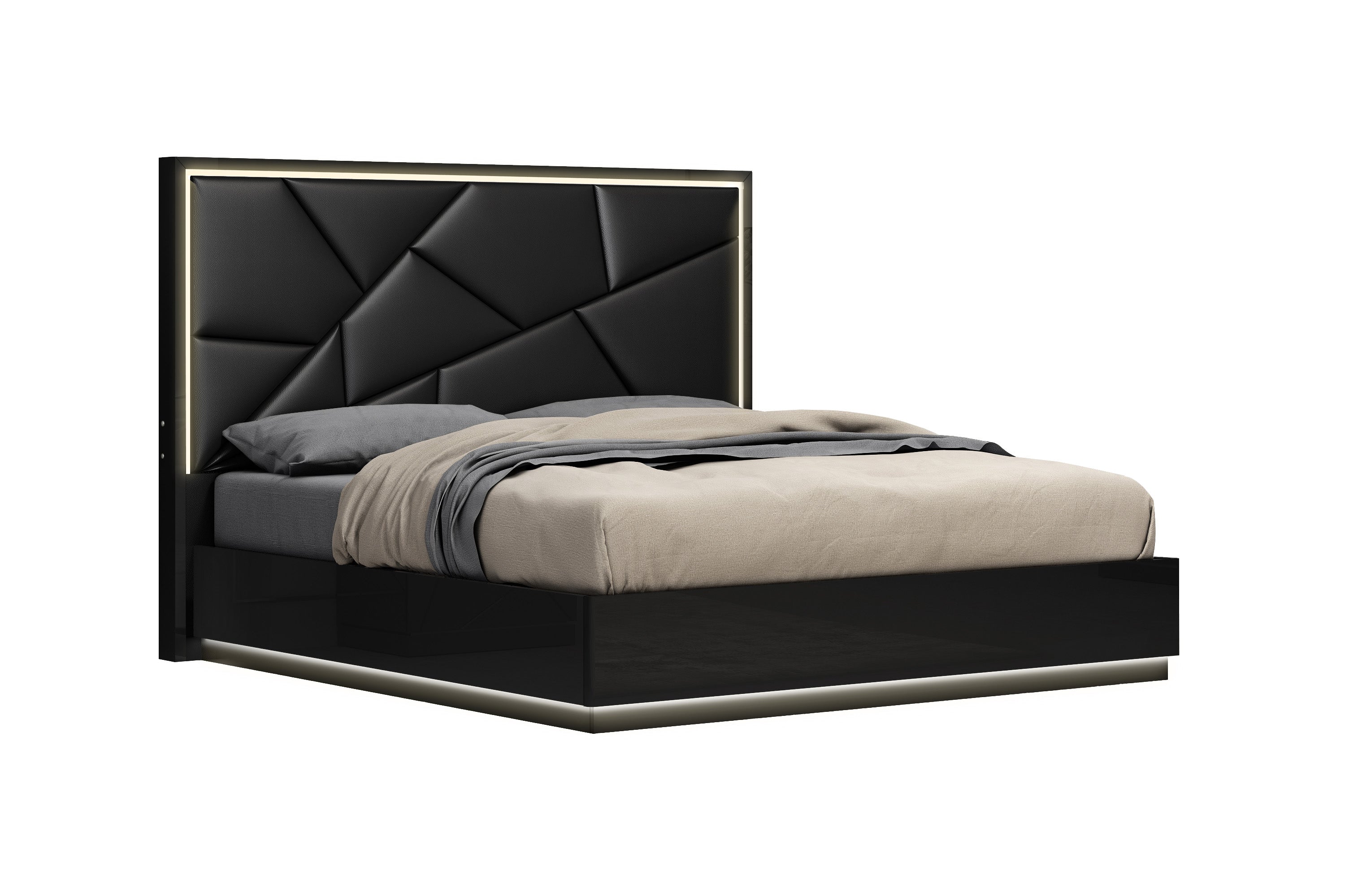Pluto Upholstered Bed w/ LED Lights & Lift Storage - Jet Black