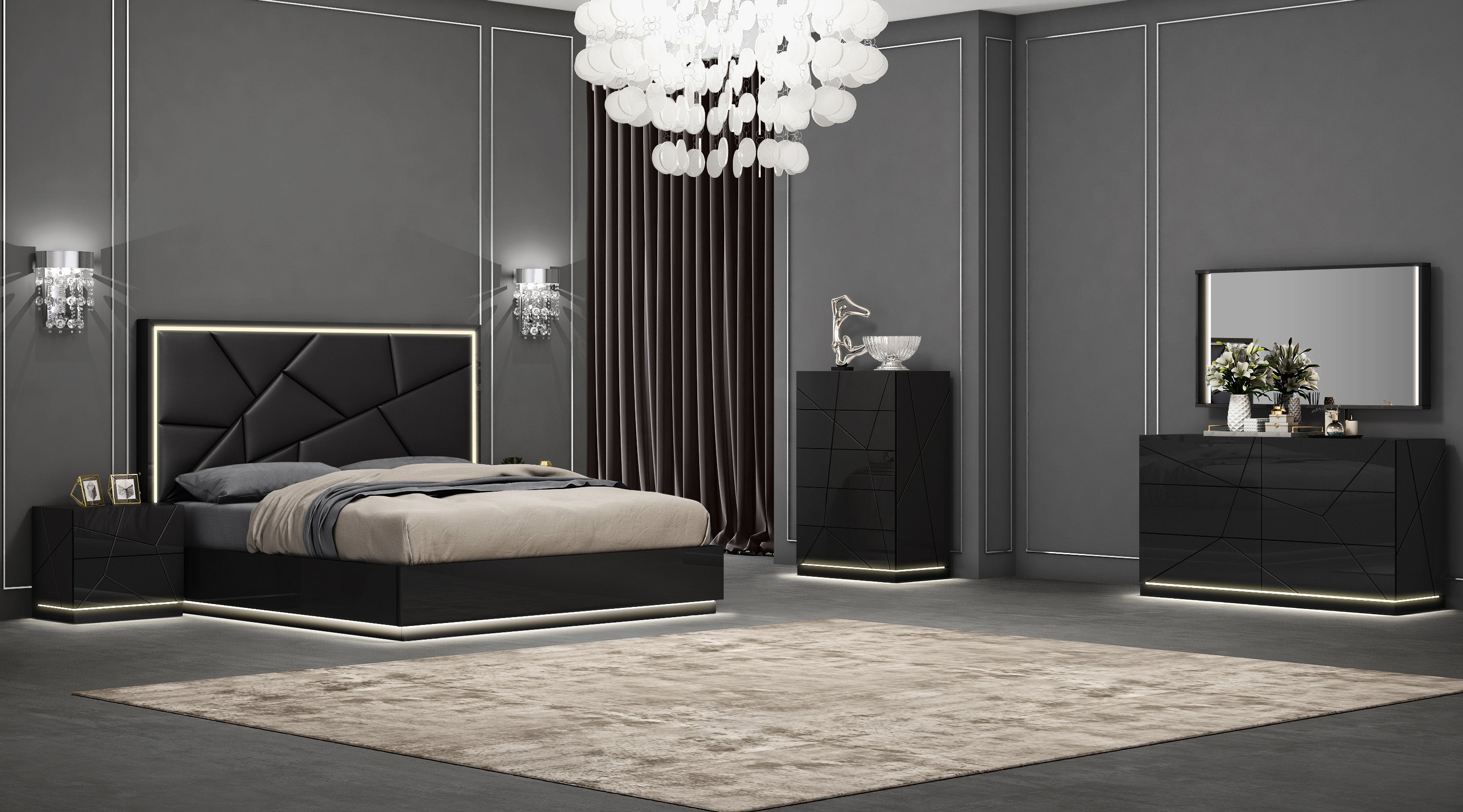 Pluto Upholstered Bed w/ LED Lights & Lift Storage - Jet Black