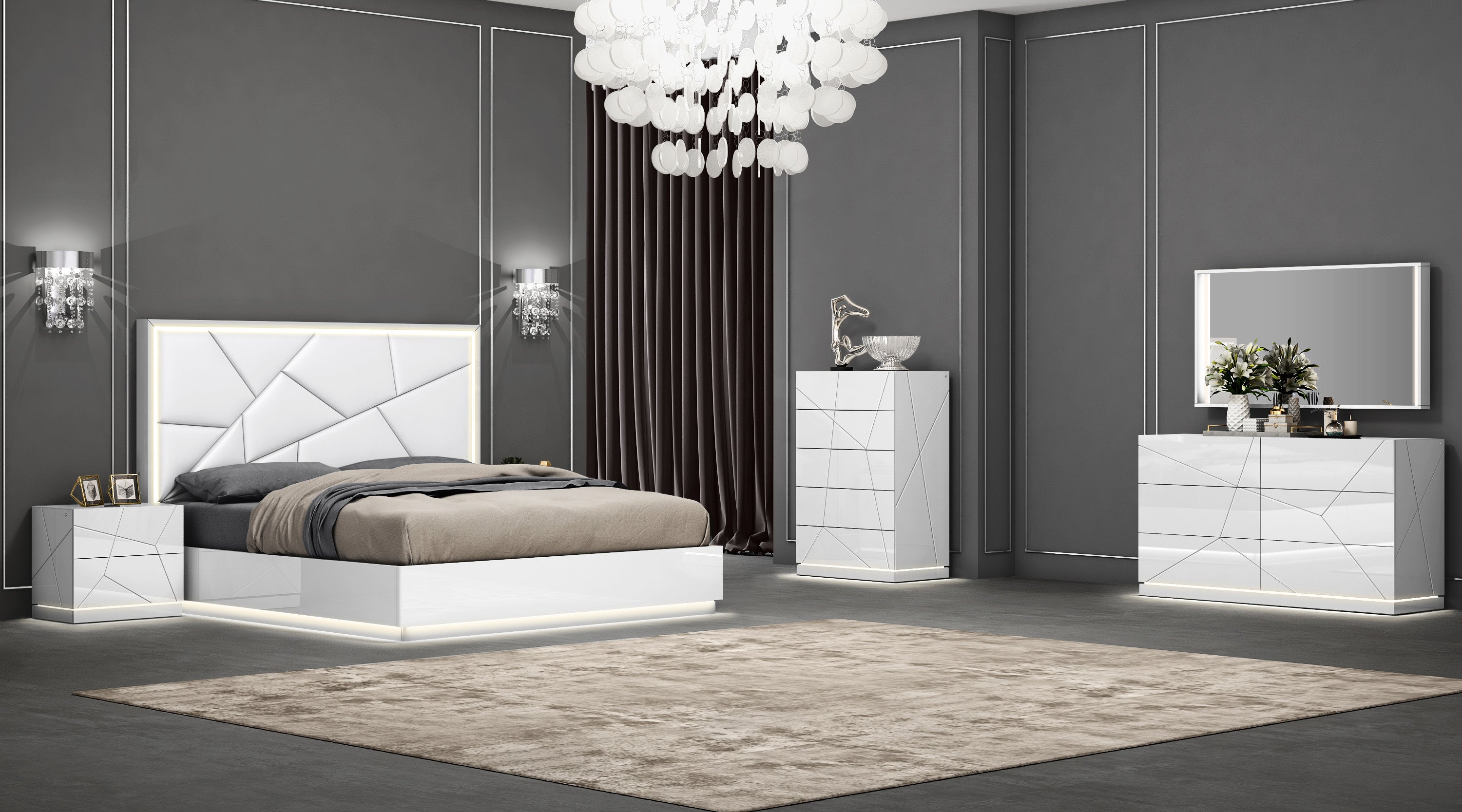 Pluto Upholstered Bed w/ LED Lights & Lift Storage - Snow White