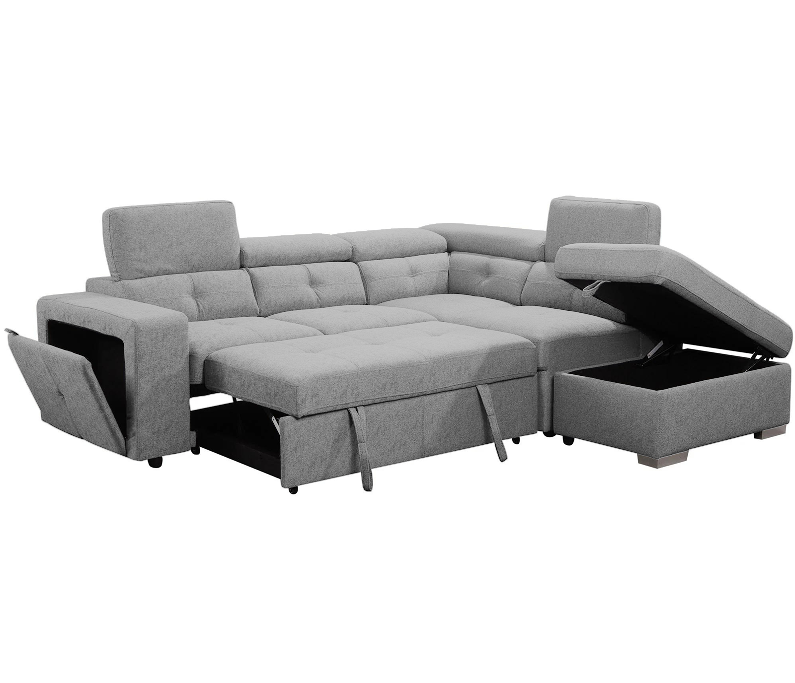 Yaletown 3 Piece Sectional w/ Sleeper - Light Grey Fabric