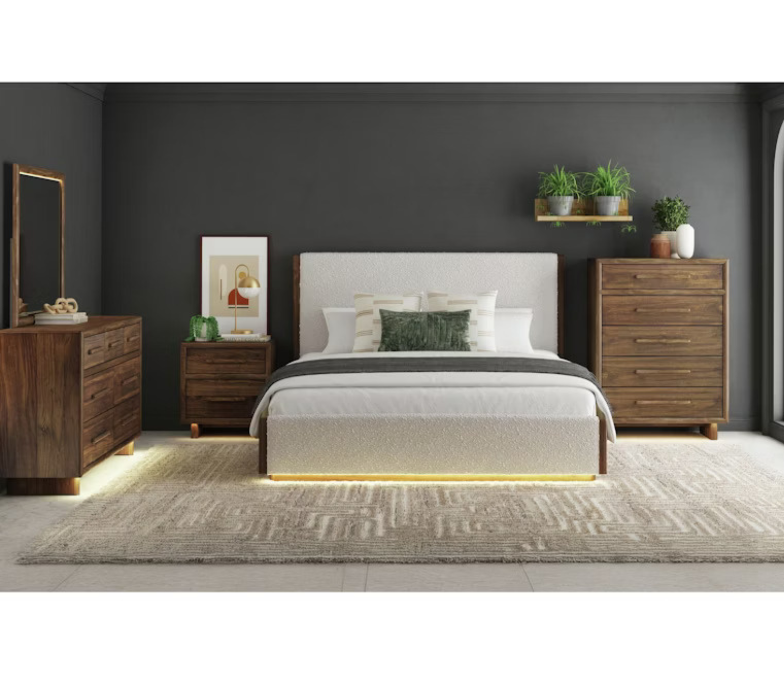 Brisden Upholstered Panel Bed  w/ LED Lights - Beige Boucle Fabric