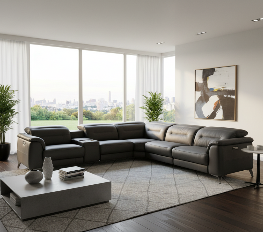 Encore 6 Piece Sectional - Power Reclining w/ Power Headrests - Shale Grey Leather