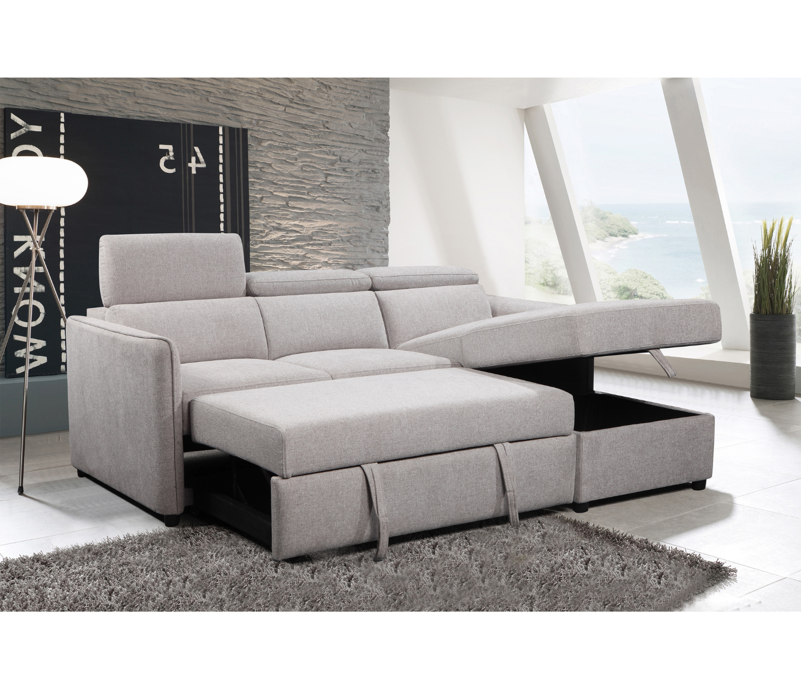 Nico 2 Piece Sectional w/ Pull-Out Sleeper - Light Grey Fabric