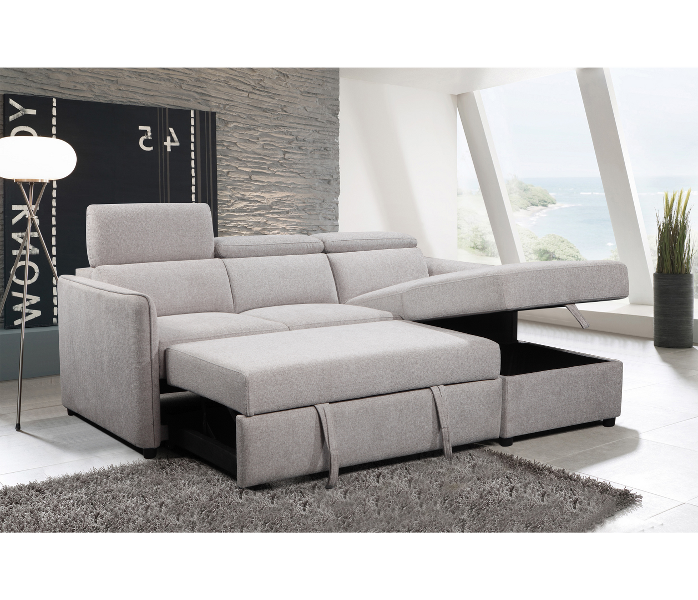 Nico 2 Piece Sectional w Pull Out Sleeper Light Grey Fabric
